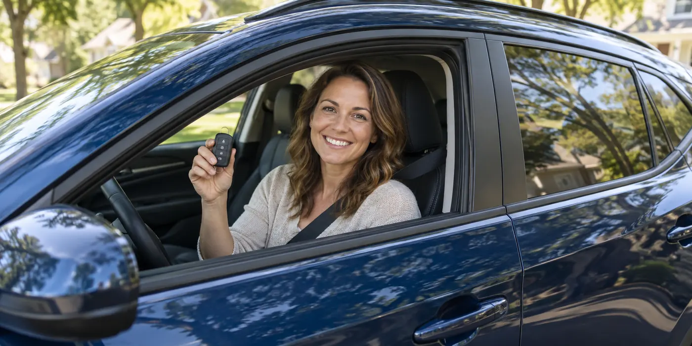Driver holding her car key beside the open window of a blue crossover