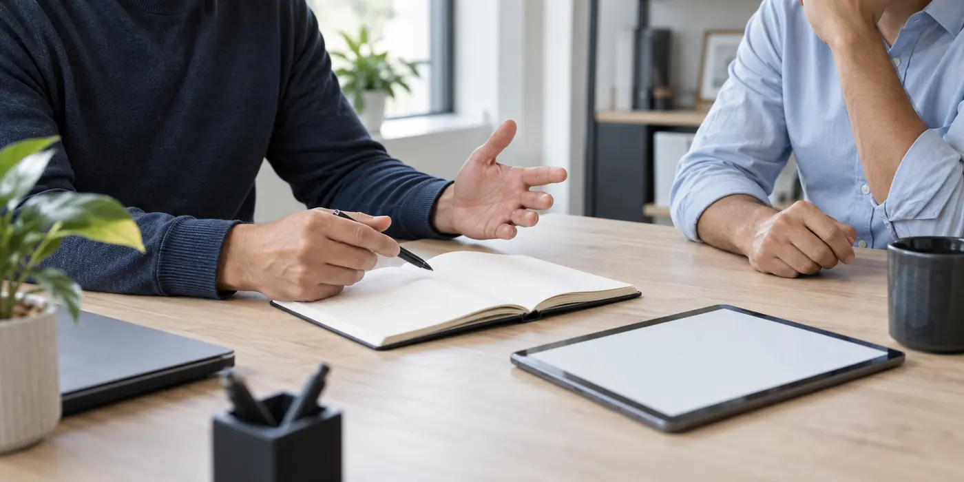 Business owners discussing plans together at an office desk