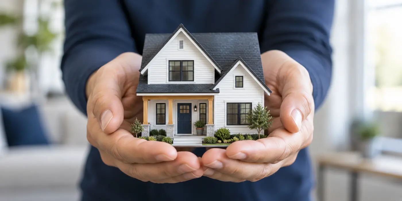 Hands protecting a model of a modern family home