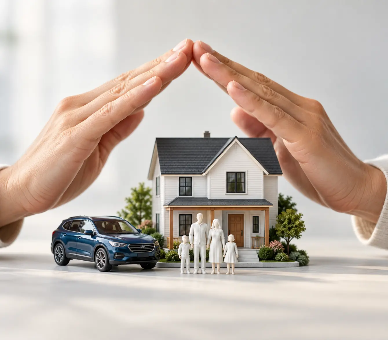 Miniature home, car and family protected by a pair of hands